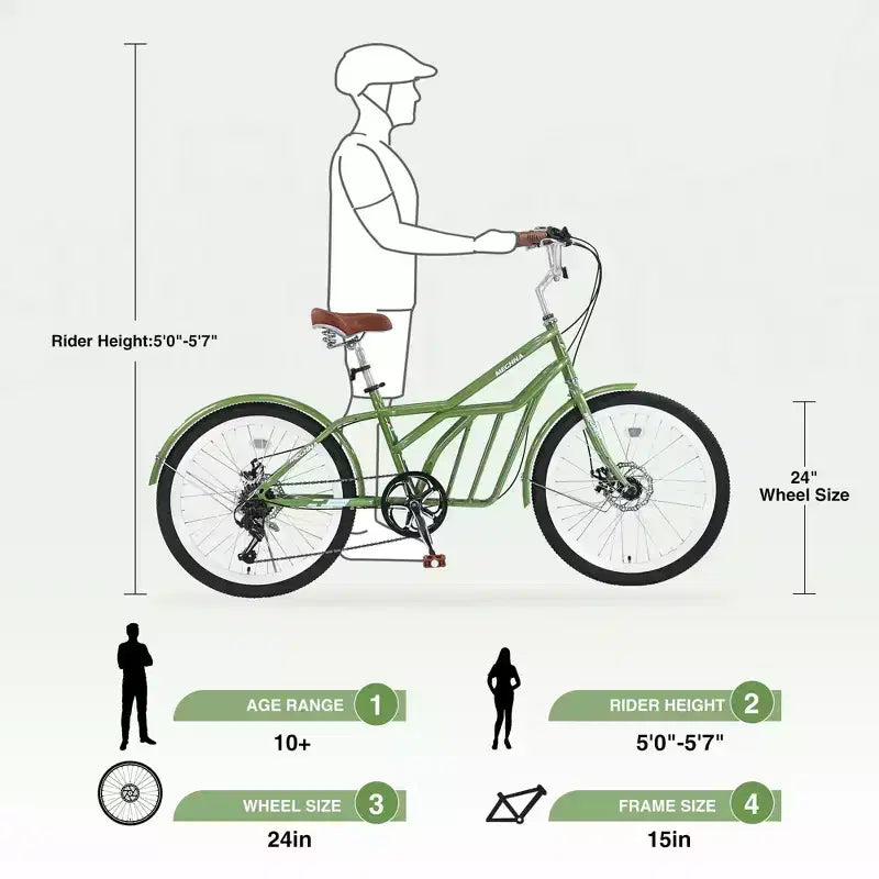 NAYSAYE Bicicleta de cercanías de 24 pulgadas para adultos, bicicleta urbana híbrida de 6 velocidades con doble freno en V, asiento ajustable, cuadro de acero para mujeres y hombres, para ir al trabajo y ocio
