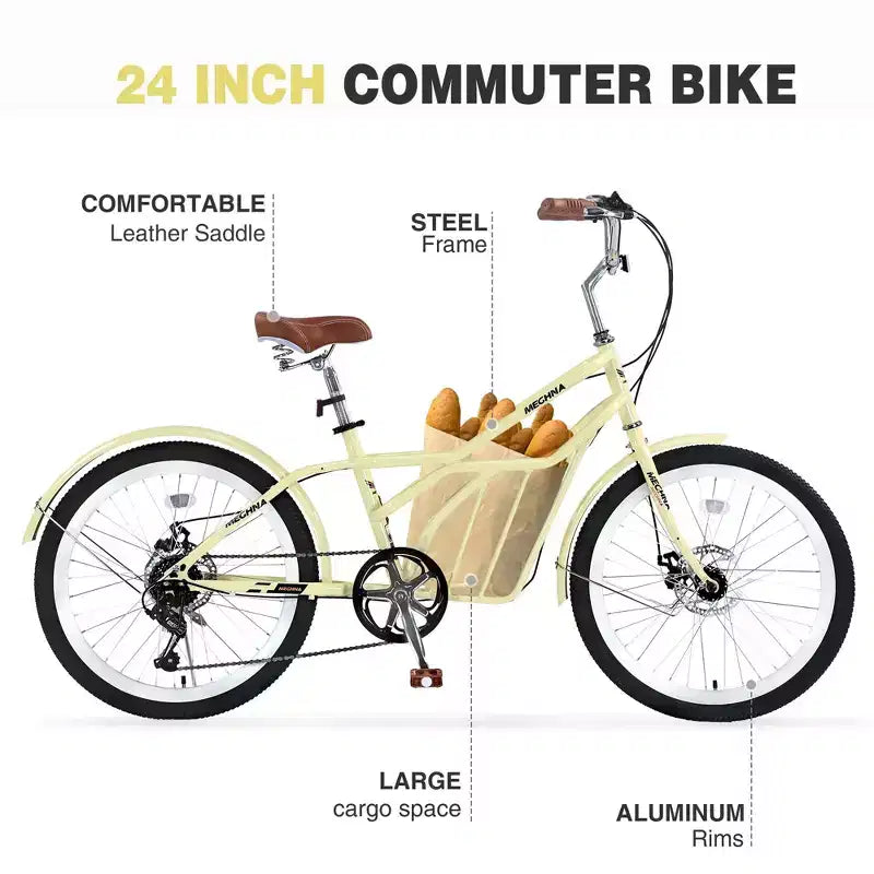 NAYSAYE Bicicleta de cercanías de 24 pulgadas para adultos, bicicleta urbana híbrida de 6 velocidades con doble freno en V, asiento ajustable, cuadro de acero para mujeres y hombres, para ir al trabajo y ocio