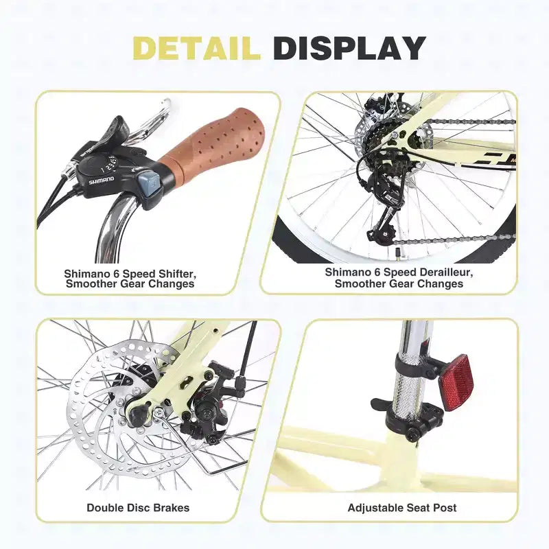 NAYSAYE Bicicleta de cercanías de 24 pulgadas para adultos, bicicleta urbana híbrida de 6 velocidades con doble freno en V, asiento ajustable, cuadro de acero para mujeres y hombres, para ir al trabajo y ocio