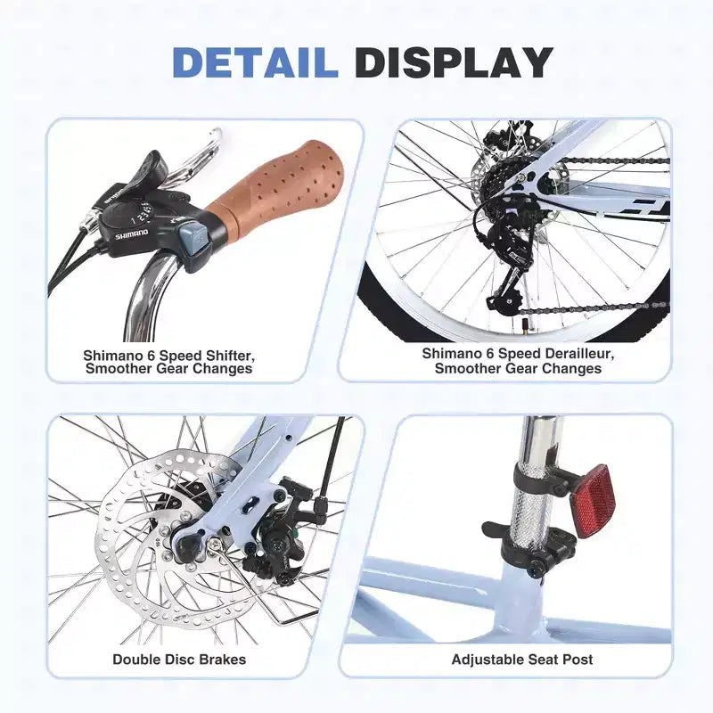 NAYSAYE Bicicleta de cercanías de 24 pulgadas para adultos, bicicleta urbana híbrida de 6 velocidades con doble freno en V, asiento ajustable, cuadro de acero para mujeres y hombres, para ir al trabajo y ocio
