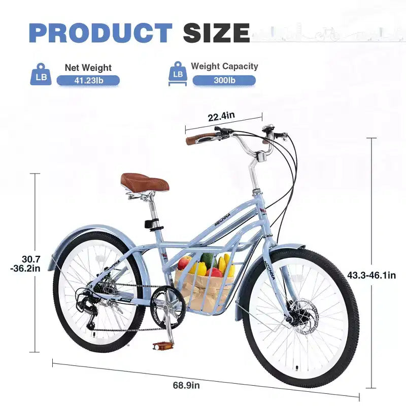 NAYSAYE Bicicleta de cercanías de 24 pulgadas para adultos, bicicleta urbana híbrida de 6 velocidades con doble freno en V, asiento ajustable, cuadro de acero para mujeres y hombres, para ir al trabajo y ocio