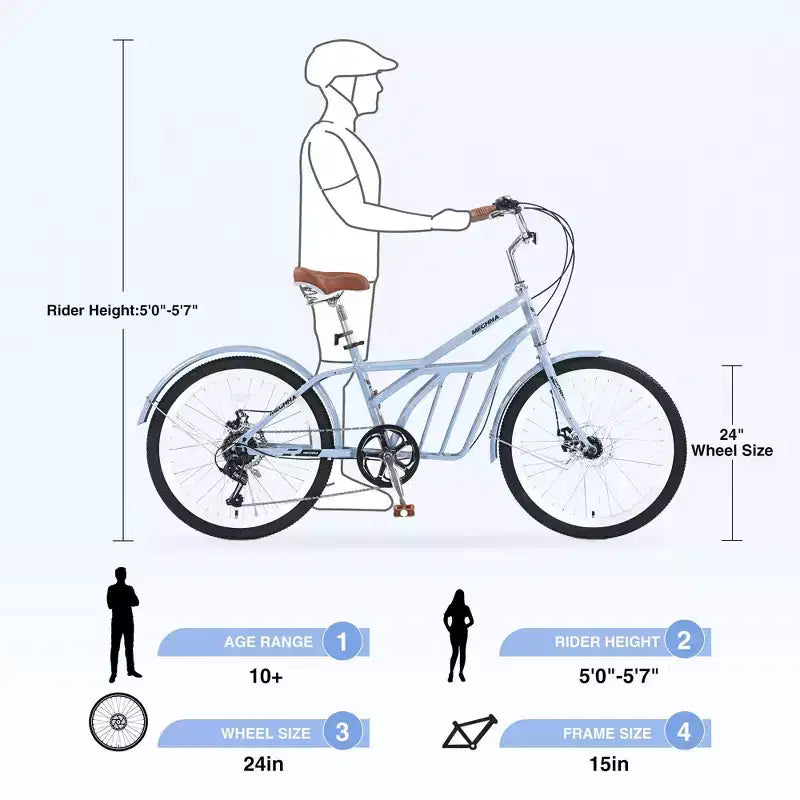 NAYSAYE Bicicleta de cercanías de 24 pulgadas para adultos, bicicleta urbana híbrida de 6 velocidades con doble freno en V, asiento ajustable, cuadro de acero para mujeres y hombres, para ir al trabajo y ocio