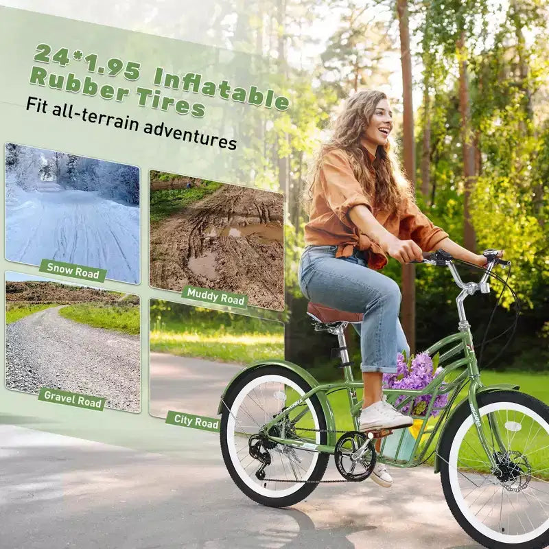 NAYSAYE Bicicleta de cercanías de 24 pulgadas para adultos, bicicleta urbana híbrida de 6 velocidades con doble freno en V, asiento ajustable, cuadro de acero para mujeres y hombres, para ir al trabajo y ocio