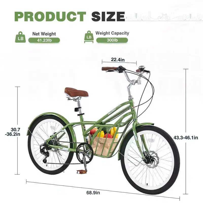 NAYSAYE Bicicleta de cercanías de 24 pulgadas para adultos, bicicleta urbana híbrida de 6 velocidades con doble freno en V, asiento ajustable, cuadro de acero para mujeres y hombres, para ir al trabajo y ocio