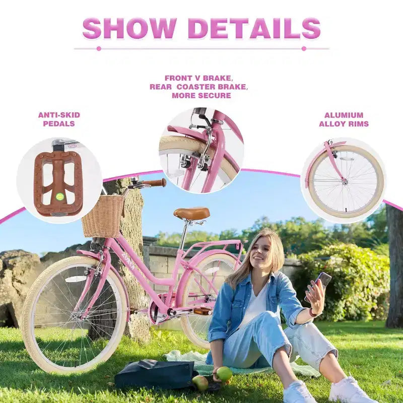 NAYSAYE Bicicleta urbana híbrida de 24 pulgadas para niñas, para jóvenes de 7 a 10+ años, con cesta de mimbre y portabultos trasero, bicicletas infantiles