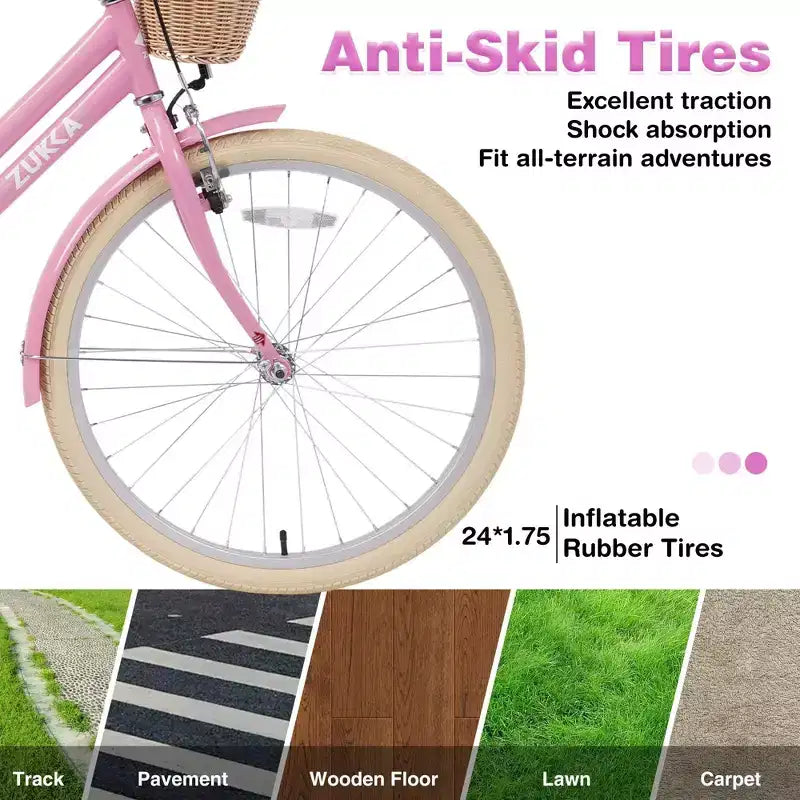 NAYSAYE Bicicleta urbana híbrida de 24 pulgadas para niñas, para jóvenes de 7 a 10+ años, con cesta de mimbre y portabultos trasero, bicicletas infantiles