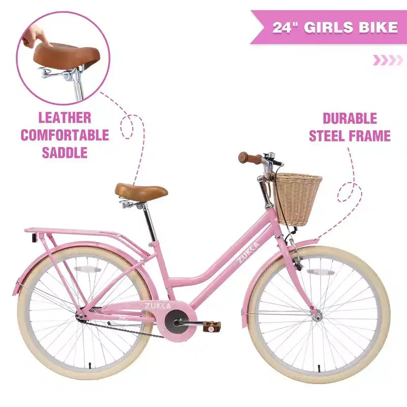 NAYSAYE Bicicleta urbana híbrida de 24 pulgadas para niñas, para jóvenes de 7 a 10+ años, con cesta de mimbre y portabultos trasero, bicicletas infantiles