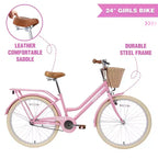 NAYSAYE Bicicleta urbana híbrida de 24 pulgadas para niñas, para jóvenes de 7 a 10+ años, con cesta de mimbre y portabultos trasero, bicicletas infantiles