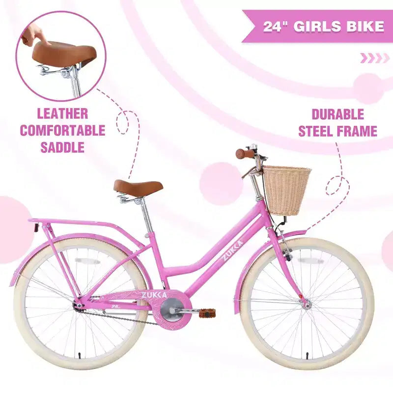 NAYSAYE Bicicleta urbana híbrida de 24 pulgadas para niñas, para jóvenes de 7 a 10+ años, con cesta de mimbre y portabultos trasero, bicicletas infantiles