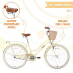 NAYSAYE Bicicleta urbana híbrida de 24 pulgadas para niñas, para jóvenes de 7 a 10+ años, con cesta de mimbre y portabultos trasero, bicicletas infantiles