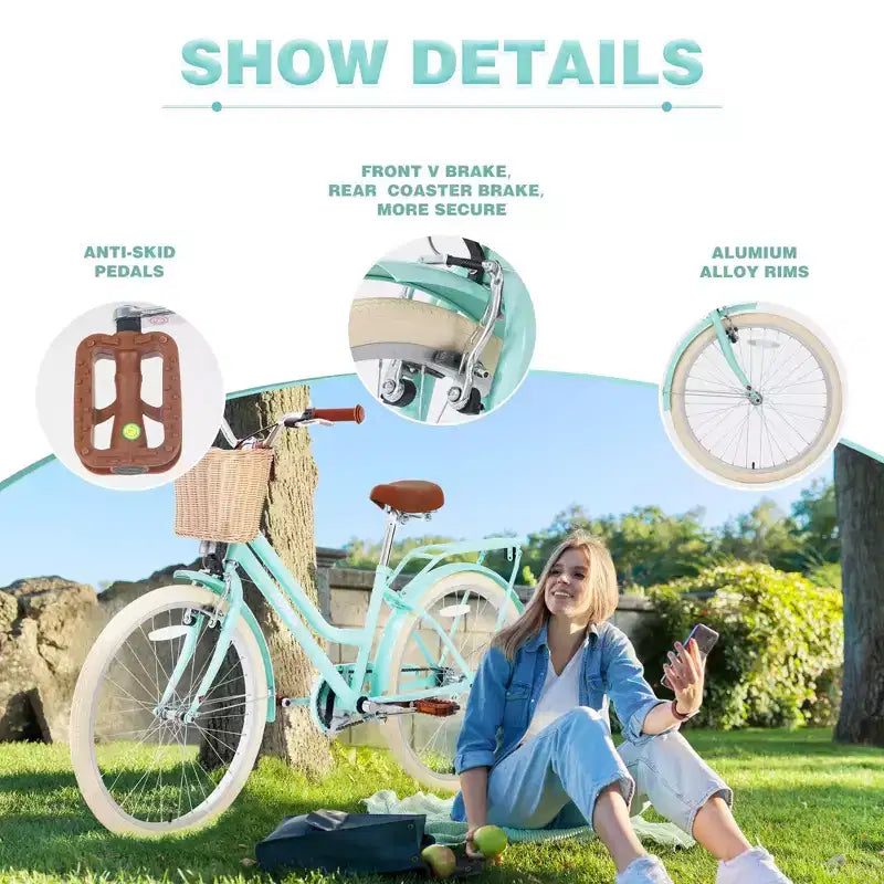 NAYSAYE Bicicleta urbana híbrida de 24 pulgadas para niñas, para jóvenes de 7 a 10+ años, con cesta de mimbre y portabultos trasero, bicicletas infantiles