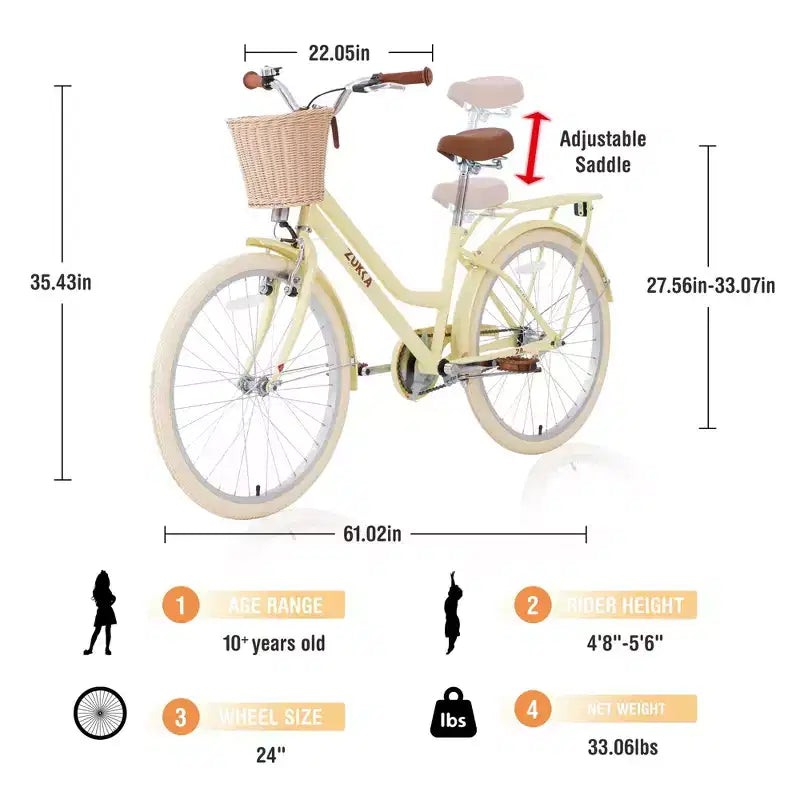 NAYSAYE Bicicleta urbana híbrida de 24 pulgadas para niñas, para jóvenes de 7 a 10+ años, con cesta de mimbre y portabultos trasero, bicicletas infantiles