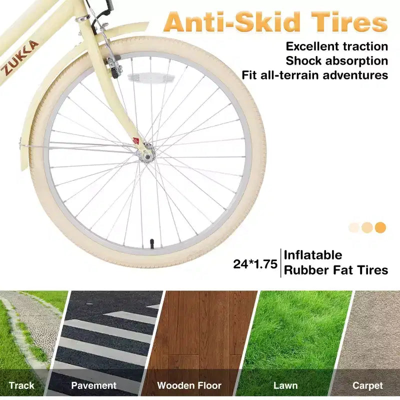 NAYSAYE Bicicleta urbana híbrida de 24 pulgadas para niñas, para jóvenes de 7 a 10+ años, con cesta de mimbre y portabultos trasero, bicicletas infantiles