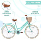NAYSAYE Bicicleta urbana híbrida de 24 pulgadas para niñas, para jóvenes de 7 a 10+ años, con cesta de mimbre y portabultos trasero, bicicletas infantiles