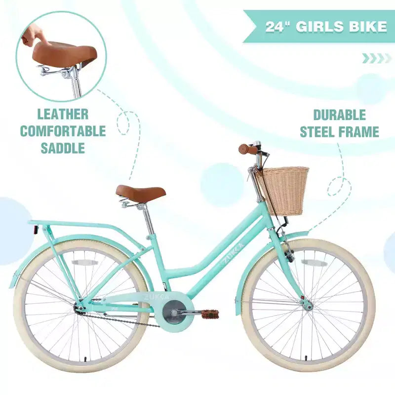 NAYSAYE Bicicleta urbana híbrida de 24 pulgadas para niñas, para jóvenes de 7 a 10+ años, con cesta de mimbre y portabultos trasero, bicicletas infantiles