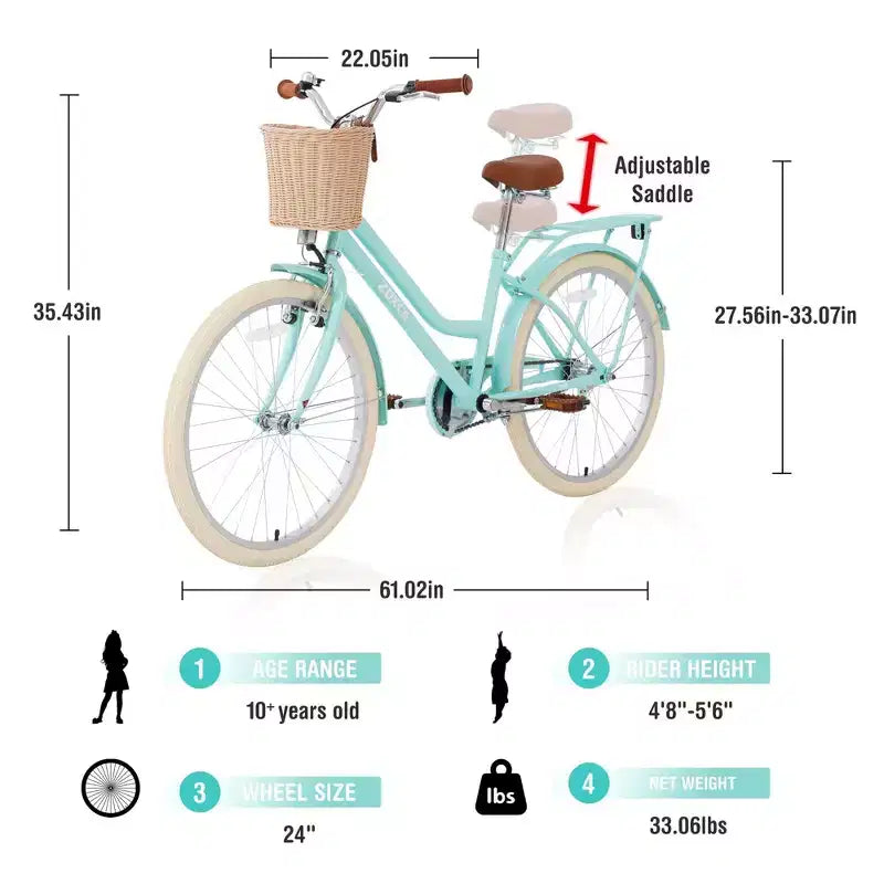 NAYSAYE Bicicleta urbana híbrida de 24 pulgadas para niñas, para jóvenes de 7 a 10+ años, con cesta de mimbre y portabultos trasero, bicicletas infantiles