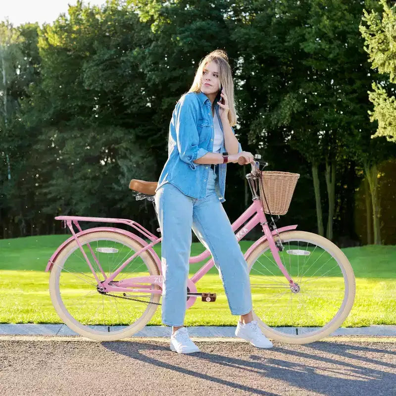 NAYSAYE Bicicleta urbana híbrida de 24 pulgadas para niñas, para jóvenes de 7 a 10+ años, con cesta de mimbre y portabultos trasero, bicicletas infantiles