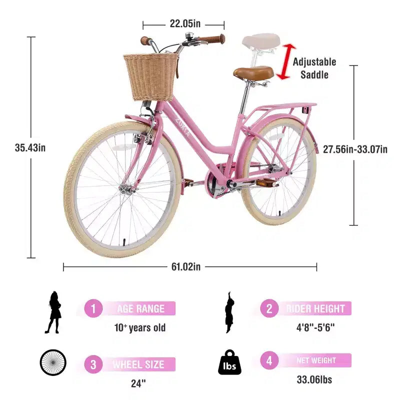 NAYSAYE Bicicleta urbana híbrida de 24 pulgadas para niñas, para jóvenes de 7 a 10+ años, con cesta de mimbre y portabultos trasero, bicicletas infantiles