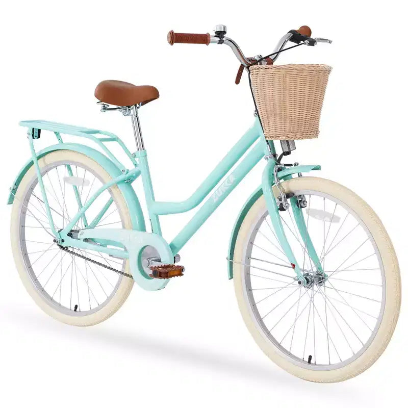 NAYSAYE Bicicleta urbana híbrida de 24 pulgadas para niñas, para jóvenes de 7 a 10+ años, con cesta de mimbre y portabultos trasero, bicicletas infantiles