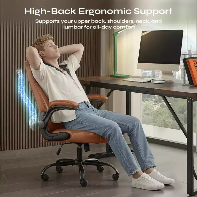 Silla ergonómica ejecutiva Pinmoco para ordenador con cojín de doble capa, silla gaming con ruedas y reposabrazos abatible, piel sintética