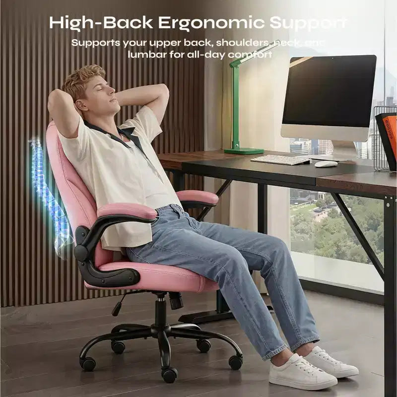 Silla ergonómica ejecutiva Pinmoco para ordenador con cojín de doble capa, silla gaming con ruedas y reposabrazos abatible, piel sintética