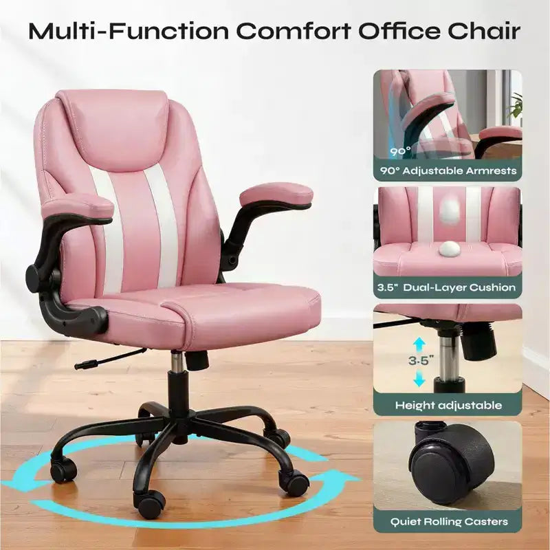 Silla ergonómica ejecutiva Pinmoco para ordenador con cojín de doble capa, silla gaming con ruedas y reposabrazos abatible, piel sintética