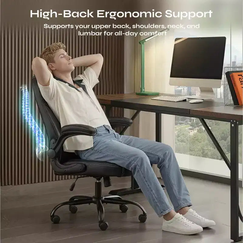Silla ergonómica ejecutiva Pinmoco para ordenador con cojín de doble capa, silla gaming con ruedas y reposabrazos abatible, piel sintética
