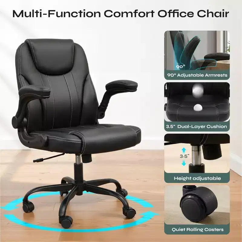 Silla ergonómica ejecutiva Pinmoco para ordenador con cojín de doble capa, silla gaming con ruedas y reposabrazos abatible, piel sintética