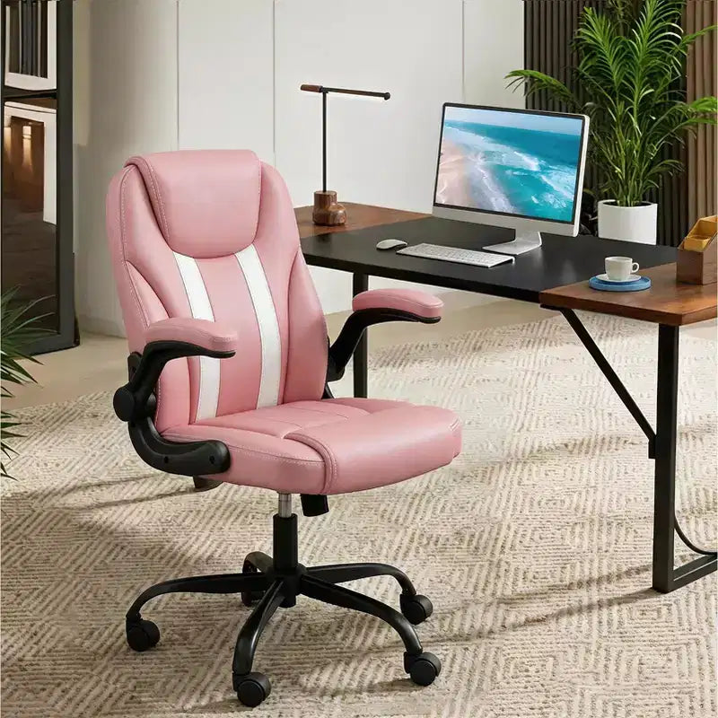 Silla ergonómica ejecutiva Pinmoco para ordenador con cojín de doble capa, silla gaming con ruedas y reposabrazos abatible, piel sintética
