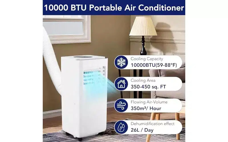Aire Acondicionado Portátil GustoWave de 10,000 BTU - 3 en 1 Refrigeración, Deshumidificador y Ventilador - Enfría hasta 42 m², Ultra Silencioso, Eficiencia Energética, Control Remoto