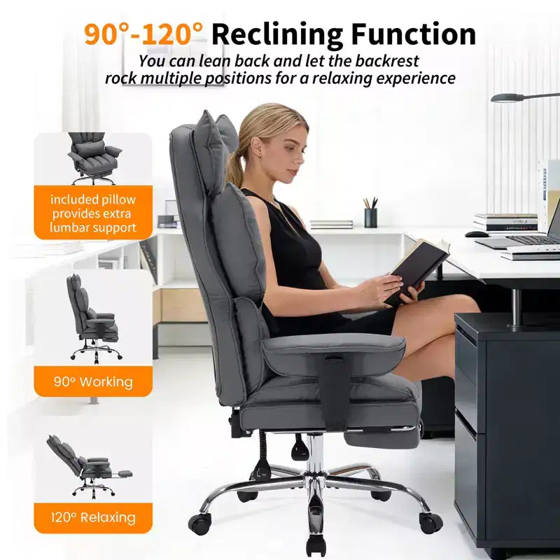 Sillón de oficina grande y alto con reposapiés, silla ejecutiva de escritorio con respaldo alto, reclinación de 155°, cojín de apoyo lumbar, sillas de juego de piel sintética para el hogar
