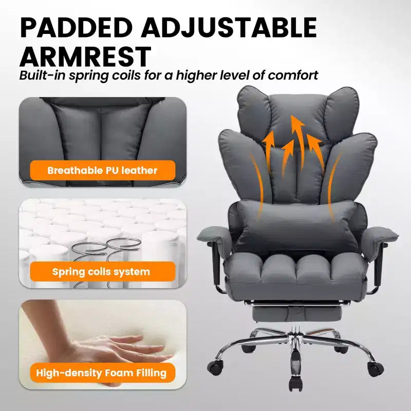 Sillón de oficina grande y alto con reposapiés, silla ejecutiva de escritorio con respaldo alto, reclinación de 155°, cojín de apoyo lumbar, sillas de juego de piel sintética para el hogar