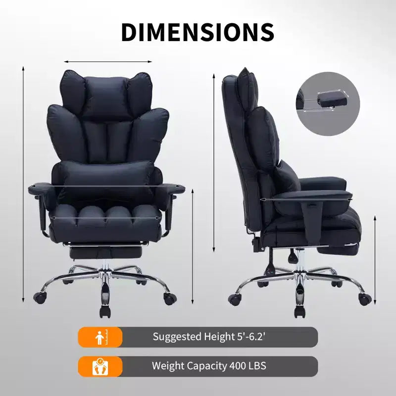 Sillón de oficina grande y alto con reposapiés, silla ejecutiva de escritorio con respaldo alto, reclinación de 155°, cojín de apoyo lumbar, sillas de juego de piel sintética para el hogar