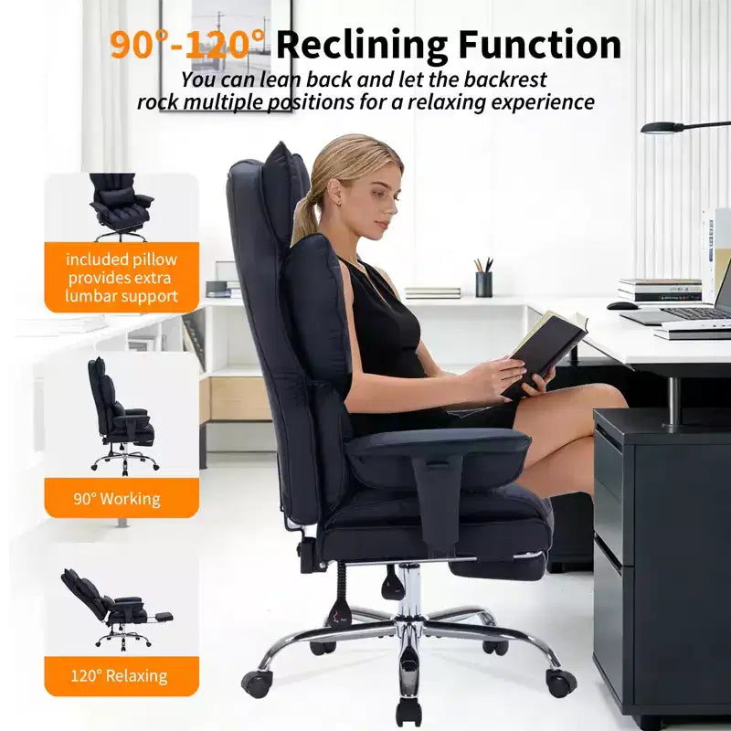 Sillón de oficina grande y alto con reposapiés, silla ejecutiva de escritorio con respaldo alto, reclinación de 155°, cojín de apoyo lumbar, sillas de juego de piel sintética para el hogar