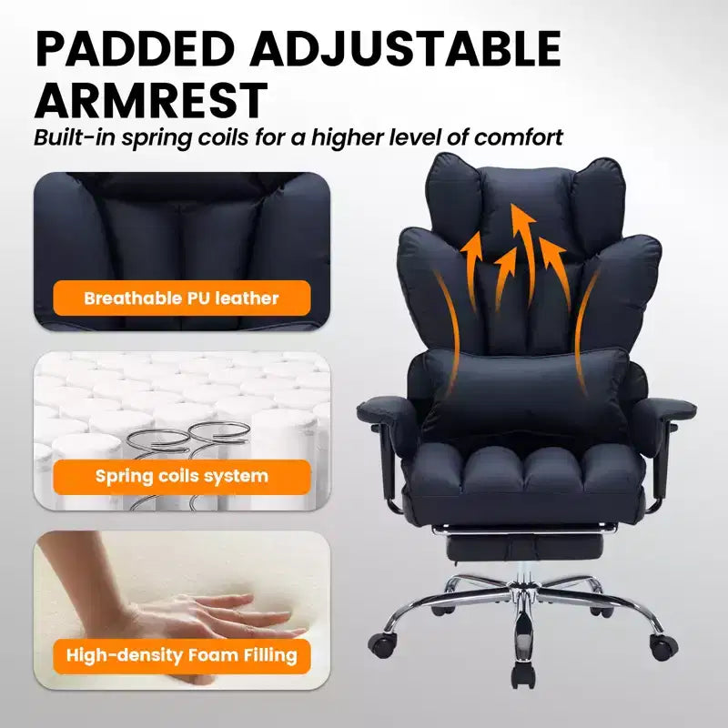 Sillón de oficina grande y alto con reposapiés, silla ejecutiva de escritorio con respaldo alto, reclinación de 155°, cojín de apoyo lumbar, sillas de juego de piel sintética para el hogar