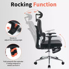 Silla de oficina ergonómica de malla para oficina en casa, estudio, juegos. Soporte lumbar ajustable, reposabrazos 3D, reposacabezas y reposapiés. Malla transpirable negra, estructura negra.