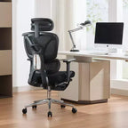 Silla de oficina ergonómica de malla para oficina en casa, estudio, juegos. Soporte lumbar ajustable, reposabrazos 3D, reposacabezas y reposapiés. Malla transpirable negra, estructura negra.