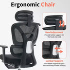Silla de oficina ergonómica de malla para oficina en casa, estudio, juegos. Soporte lumbar ajustable, reposabrazos 3D, reposacabezas y reposapiés. Malla transpirable negra, estructura negra.