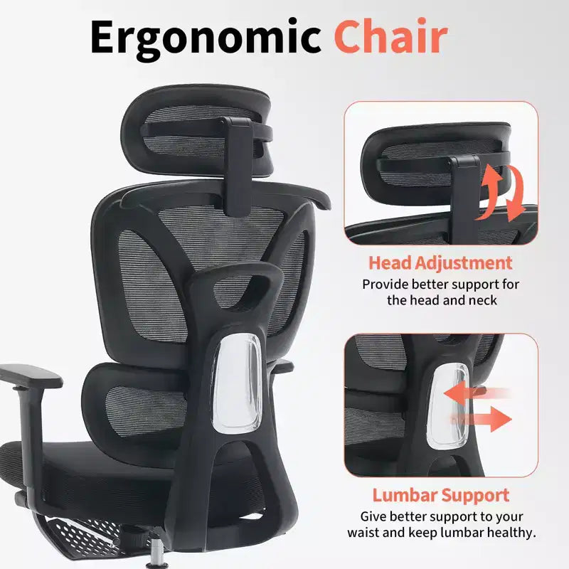 Silla de oficina ergonómica de malla para oficina en casa, estudio, juegos. Soporte lumbar ajustable, reposabrazos 3D, reposacabezas y reposapiés. Malla transpirable negra, estructura negra.