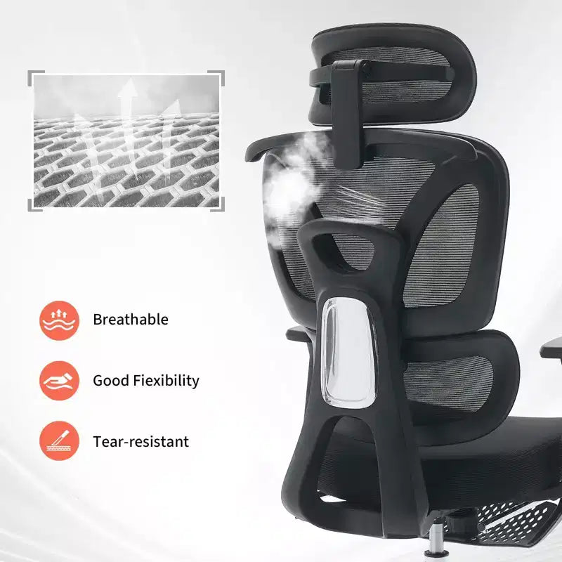 Silla de oficina ergonómica de malla para oficina en casa, estudio, juegos. Soporte lumbar ajustable, reposabrazos 3D, reposacabezas y reposapiés. Malla transpirable negra, estructura negra.