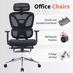 Silla de oficina ergonómica de malla para oficina en casa, estudio, juegos. Soporte lumbar ajustable, reposabrazos 3D, reposacabezas y reposapiés. Malla transpirable negra, estructura negra.