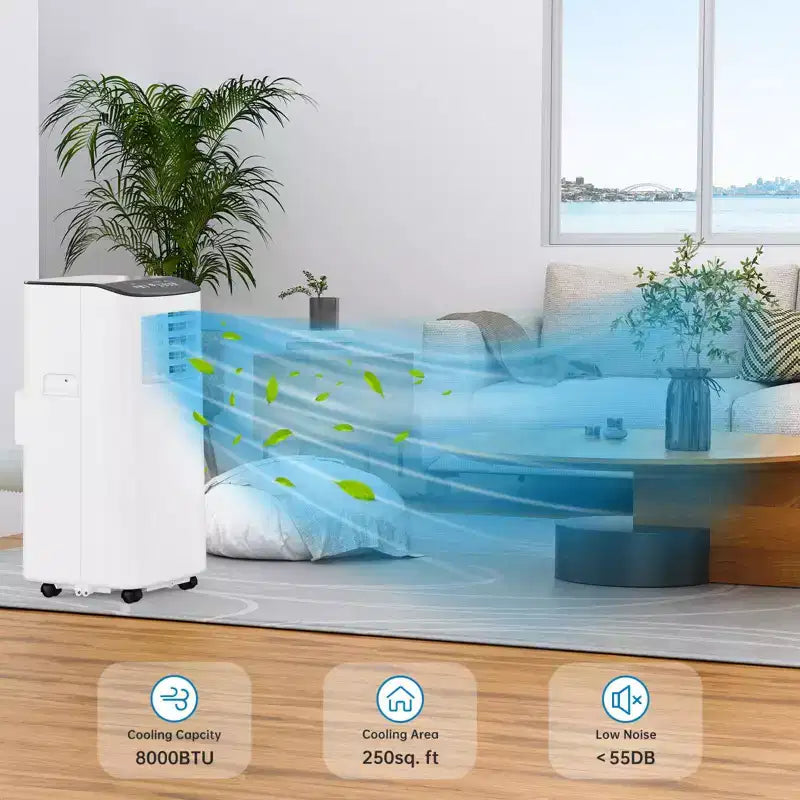 Acondicionador de aire portátil de 8000 BTU para habitaciones de hasta 350 pies cuadrados, unidad de aire acondicionado 3 en 1 con ventilador, deshumidificador, control remoto y modo de suspensión