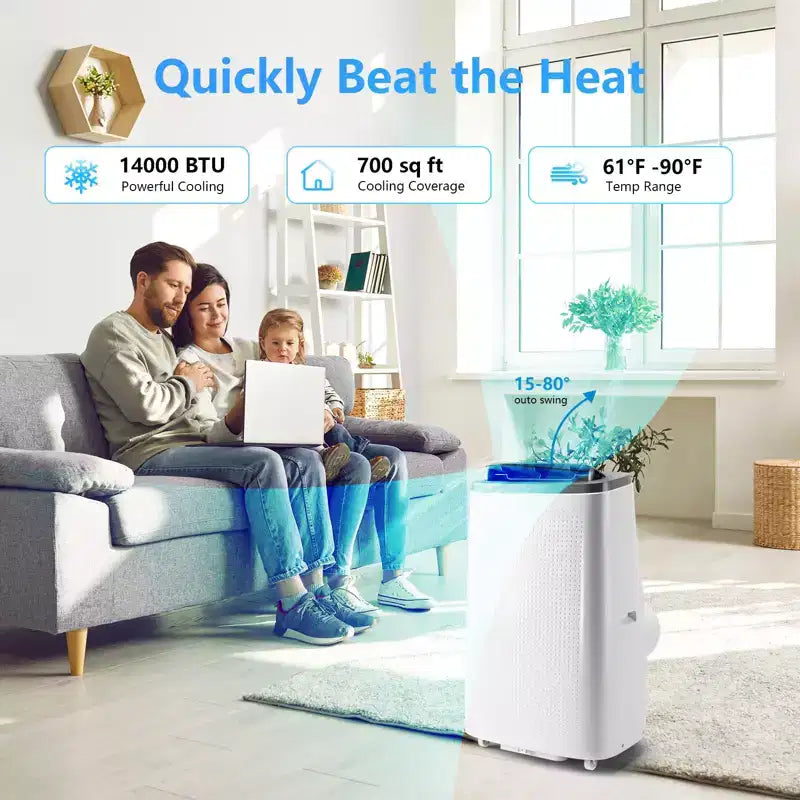 Aire acondicionado portátil de 14000 BTU - Enfriamiento, deshumidificador y ventilador para 65 m² con control remoto y oscilación automática, un año de garantía