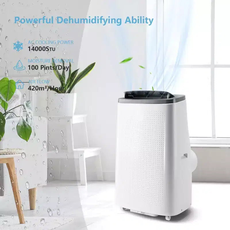 Aire acondicionado portátil de 14000 BTU - Enfriamiento, deshumidificador y ventilador para 65 m² con control remoto y oscilación automática, un año de garantía