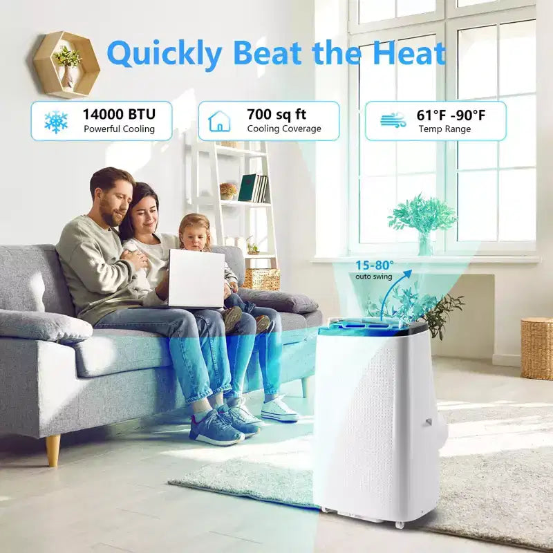 Aire acondicionado portátil de 14000 BTU - Enfriamiento, deshumidificador y ventilador para 65 m² con control remoto y oscilación automática, un año de garantía