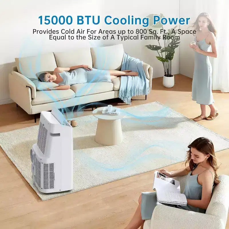 Aire acondicionado portátil de 15.000 BTU para habitaciones grandes - Refrigeración, deshumidificador y ventilador para espacios de 46-79 m², un año de garantía