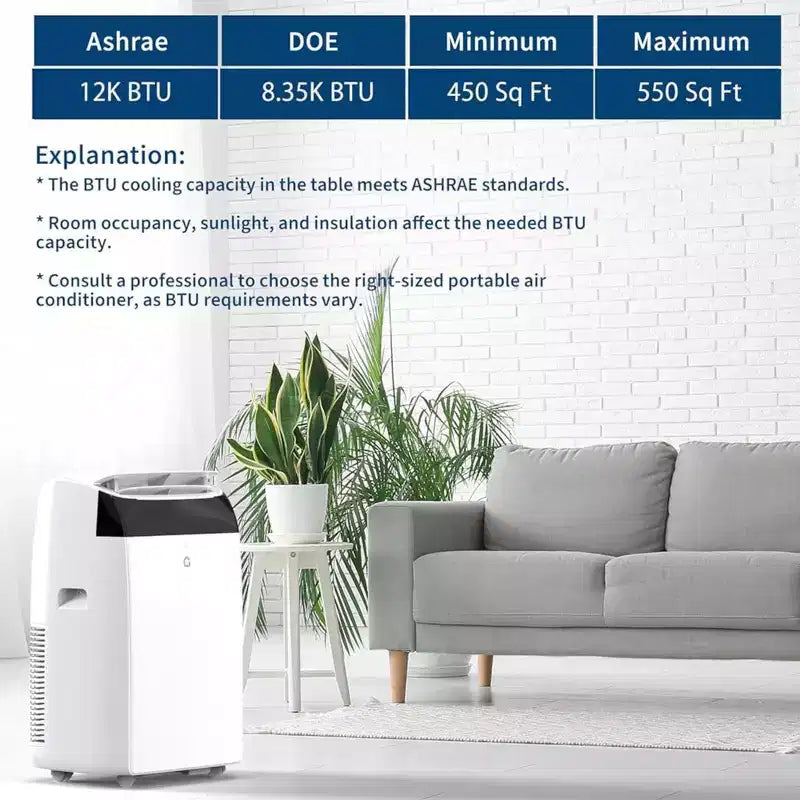GustoWave Aire Acondicionado Portátil de 12000 BTU, Unidades de CA Inteligentes 3-EN-1 con Control Remoto para Habitaciones de hasta 51 m²