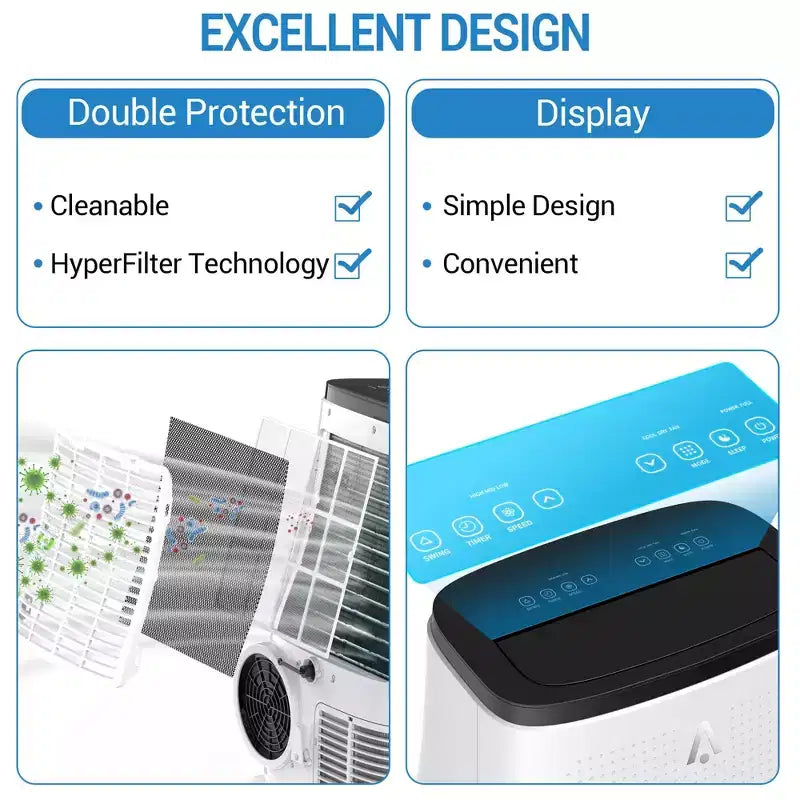 Aire Acondicionado Portátil de 15,000 BTU para Habitaciones Grandes de hasta 850 pies cuadrados, Ventilador Enfriador y Deshumidificador 3 en 1 con Control Remoto, Oscilación Automática, Diseño sin Drenaje