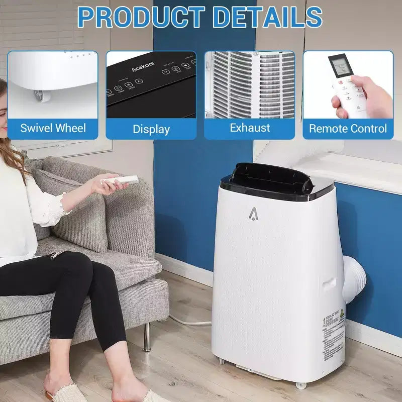 Aire Acondicionado Portátil de 15,000 BTU para Habitaciones Grandes de hasta 850 pies cuadrados, Ventilador Enfriador y Deshumidificador 3 en 1 con Control Remoto, Oscilación Automática, Diseño sin Drenaje
