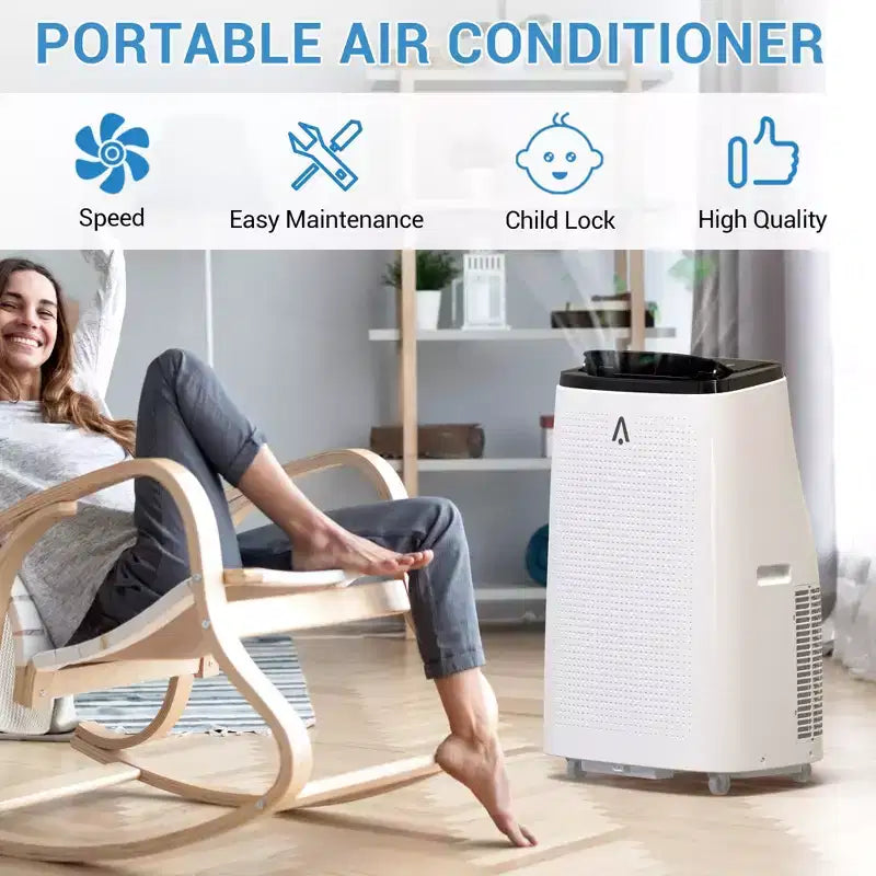 Aire Acondicionado Portátil de 15,000 BTU para Habitaciones Grandes de hasta 850 pies cuadrados, Ventilador Enfriador y Deshumidificador 3 en 1 con Control Remoto, Oscilación Automática, Diseño sin Drenaje